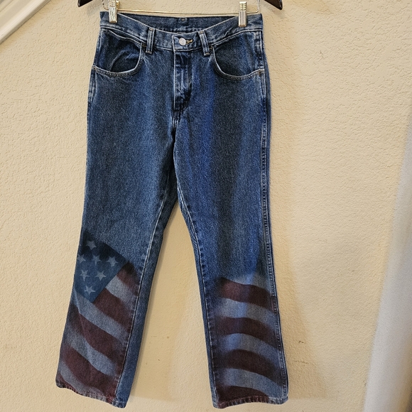 WRANGLER Jeans Women'sBlue Denim Slim Fit Boot Leg Embellished USA Flag On Legs - Picture 1 of 8